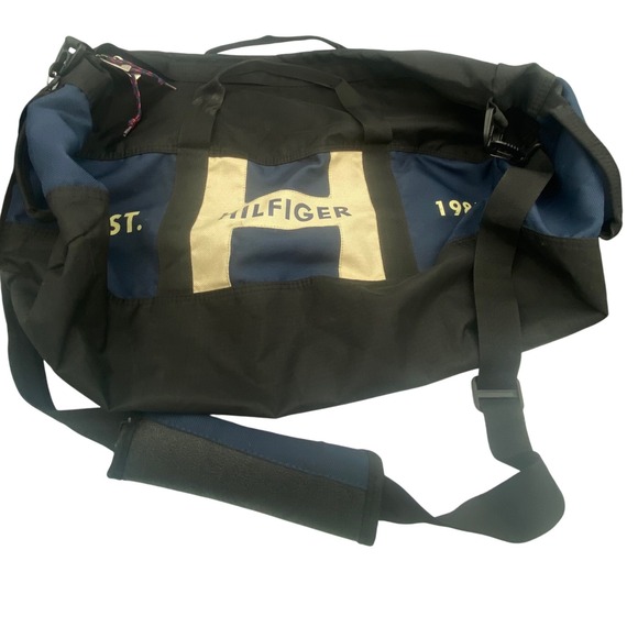 Tommy Hilfiger Duffle Bag Gym Travel Carry On Black Blue Logo 1985 Y2K Style EUC - Picture 1 of 11
